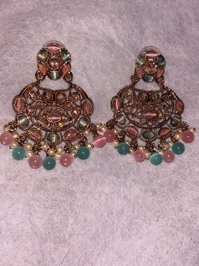 Gold Chandbali Earrings with Pink & Mint Semi Precious Gemstones - Indopak Desi